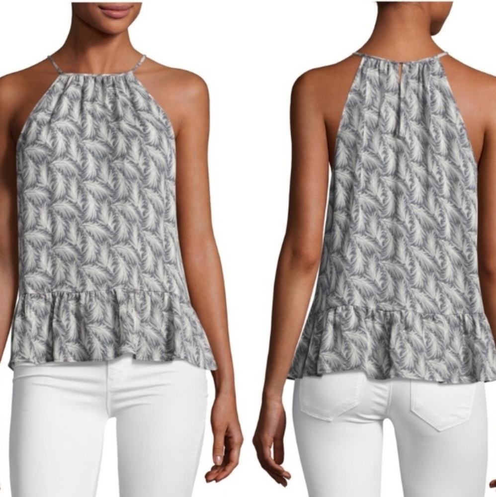 Joie Feather Print Silk Ruffled Peplum Hem Sleeveless Top Sz L